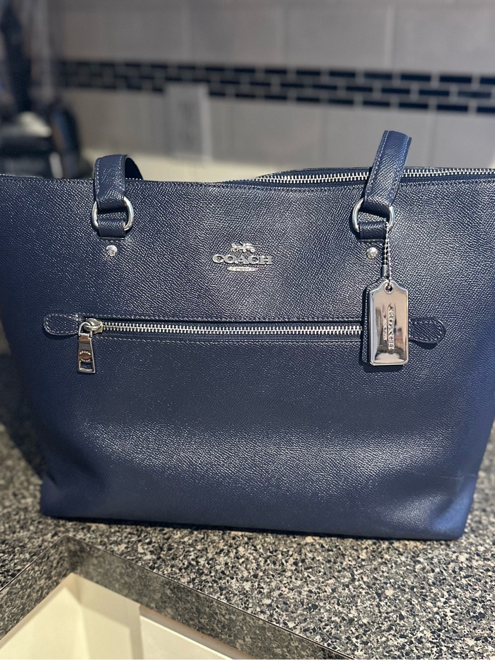 Coach Navy Saffiano Leather Tote with Exterior Zip